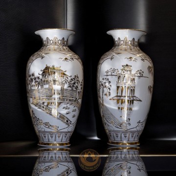 Bình Gốm Hút Lộc Bạch Ngọc Vẽ Tay Vàng Kim – Biểu Tượng Hà Nội